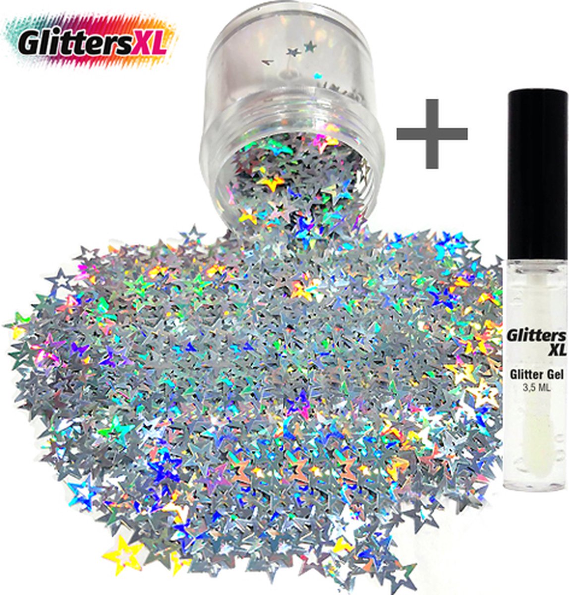 GlittersXL - Chunky Glitters (Zilveren Sterren) (Volume 8g) + Glitter Huid Lijm [Festival Makeup Gezicht Lichaam - Face Body Glitter - Biologisch afbreekbaar - Versiering Dames Volwassen Kinderen]